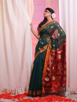 CHARUKRITI - Bottle Green Cotton Blend Handwoven Floral Texture Design Saree with Unstitched Blouse