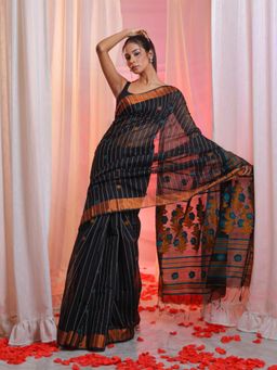 CHARUKRITI - Black Cotton Blend Handwoven Stripes Saree with Unstitched Blouse