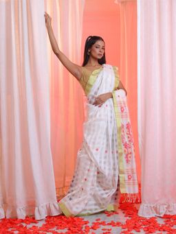 CHARUKRITI - White Cotton Blend Handwoven Floral Pallu Saree with Unstitched Blouse