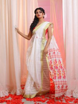 CHARUKRITI - White Cotton Blend Handwoven Floral Pallu Saree with Unstitched Blouse