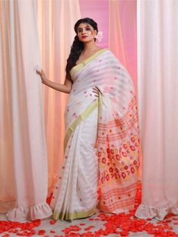 CHARUKRITI - White Cotton Blend Handwoven Floral Pallu Saree with Unstitched Blouse
