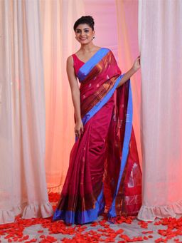 CHARUKRITI - Fuchsia Pink Cotton Blend Handwoven Temple Border Saree with Unstitched Blouse