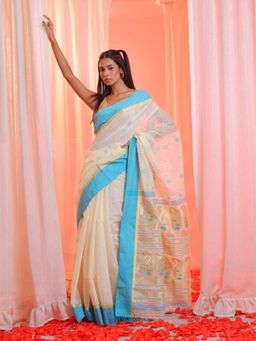 CHARUKRITI - Off White Cotton Blend Handwoven Paisley Motifs Pallu Saree with Unstitched Blouse