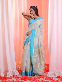 CHARUKRITI - Ecru Cotton Blend Handwoven Paisley Motifs Pallu Saree with Unstitched Blouse