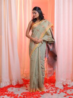 CHARUKRITI - Pistachio Green Cotton Blend Handwoven Zari Border Saree with Unstitched Blouse