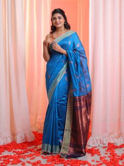 CHARUKRITI - Cobalt Blue Cotton Blend Handwoven Zari Border Saree with Unstitched Blouse