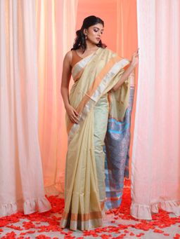 CHARUKRITI - Beige Cotton Blend Handwoven Zari Border Saree with Unstitched Blouse