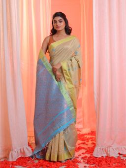 CHARUKRITI - Beige Cotton Blend Handwoven Saree with Floral Motifs with Unstitched Blouse