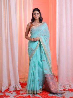 CHARUKRITI - Sea Green Cotton Blend Handwoven Saree with Paisley Pallu with Unstitched Blouse