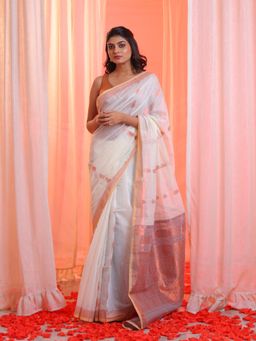CHARUKRITI - Off White Cotton Blend Handwoven Saree with Paisley Pallu with Unstitched Blouse