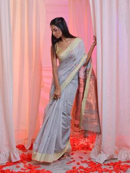 CHARUKRITI - Grey Cotton Blend Handwoven Saree with Paisley Pallu with Unstitched Blouse