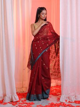 CHARUKRITI - Maroon Cotton Blend Handwoven Flower Designs Saree with Unstitched Blouse