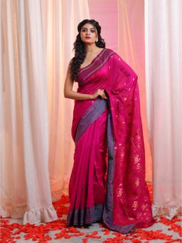 CHARUKRITI - Magenta Cotton Blend Handwoven Floral Designs Saree with Unstitched Blouse