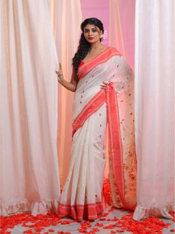 CHARUKRITI - Off White Cotton Blend Handwoven Floral Designs Saree with Unstitched Blouse