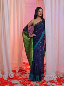 CHARUKRITI - Navy Blue Cotton Blend Handwoven Floral Designs Saree with Unstitched Blouse