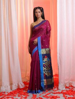 CHARUKRITI - Plum Purple Cotton Blend Handwoven Floral Pallu Saree with Unstitched Blouse