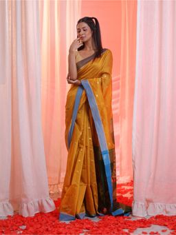 CHARUKRITI - Honey Yellow Cotton Blend Handwoven Floral Pallu Saree with Unstitched Blouse