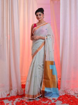 CHARUKRITI - Ecru Cotton Blend Handwoven Zari Border Saree with Unstitched Blouse