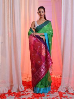CHARUKRITI - Green Cotton Blend Handwoven Flower Motifs Saree with Unstitched Blouse