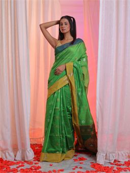 CHARUKRITI - Light Green Cotton Blend Handwoven Flower Motifs Saree with Unstitched Blouse