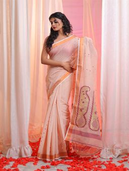 CHARUKRITI - Nude Pink Cotton Blend Handwoven Zari Border Saree with Unstitched Blouse