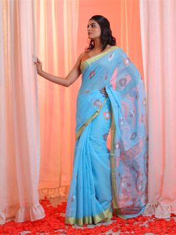 CHARUKRITI - Sky Blue Cotton Blend Handwoven Zari Border Saree with Unstitched Blouse