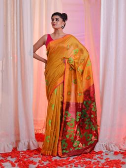 CHARUKRITI - Ochre Yellow Cotton Blend Handwoven Zari Border Saree with Unstitched Blouse