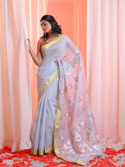 CHARUKRITI - Light Grey Cotton Blend Handwoven Zari Border Saree with Unstitched Blouse