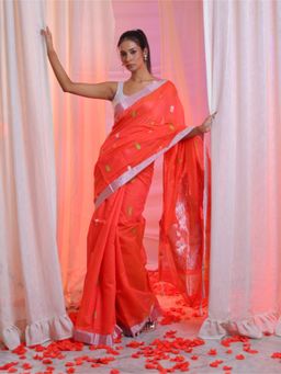 CHARUKRITI - Watermelon Pink Cotton Blend Handwoven Floral Pallu Saree with Unstitched Blouse