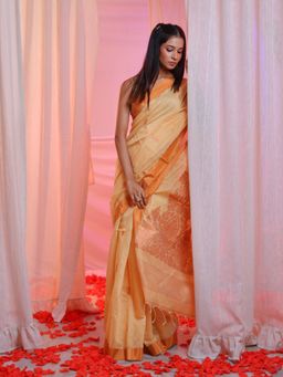 CHARUKRITI - Beige Cotton Blend Handwoven Floral Pallu Saree with Unstitched Blouse