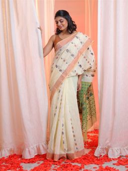 CHARUKRITI - Off White & Green Cotton Blend Handwoven Zari Woven Designs Saree with Unstitched Blouse