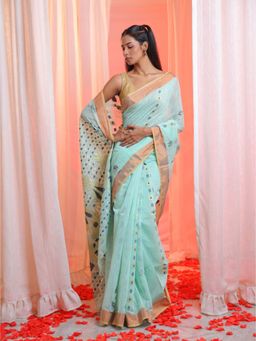 CHARUKRITI - Sea Green Cotton Blend Handwoven Zari Woven Designs Saree with Unstitched Blouse