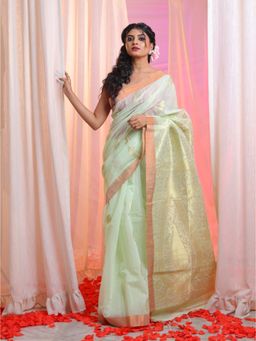 CHARUKRITI - Mint Green Cotton Blend Handwoven Saree with Paisley Designs with Unstitched Blouse