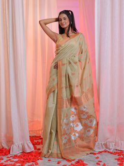 CHARUKRITI - Beige Cotton Blend Handwoven Saree with Rose Pallu and Unstitched Blouse