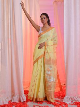 CHARUKRITI - Banana Yellow Cotton Blend Handwoven Saree with Rose Pallu and Unstitched Blouse