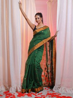 CHARUKRITI - Forest Green Cotton Blend Handwoven Flower Designs Saree with Unstitched Blouse