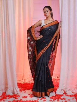 CHARUKRITI - Black Cotton Blend Handwoven Flower Designs Saree with Unstitched Blouse