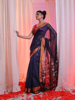 CHARUKRITI - Midnight Blue Cotton Blend Handwoven Flower Designs Saree with Unstitched Blouse