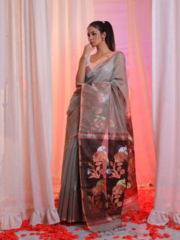 CHARUKRITI - Grey Cotton Blend Handwoven Peacock Designs Saree with Unstitched Blouse