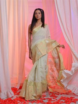 CHARUKRITI - Beige Cotton Blend Handwoven Flower Designs Saree with Unstitched Blouse