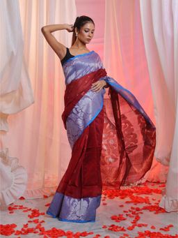 CHARUKRITI - Maroon Cotton Blend Handwoven Saree with Flower Border with Unstitched Blouse