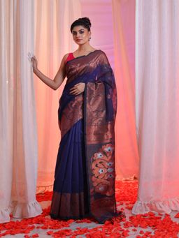 CHARUKRITI - Navy Blue Cotton Blend Handwoven Saree with Flower Border with Unstitched Blouse