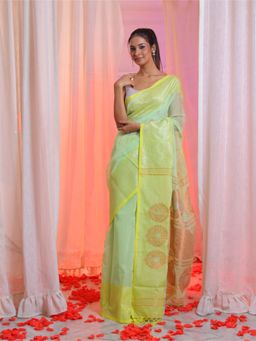CHARUKRITI - Sea Green Cotton Blend Handwoven Zari Woven Designs Saree with Unstitched Blouse