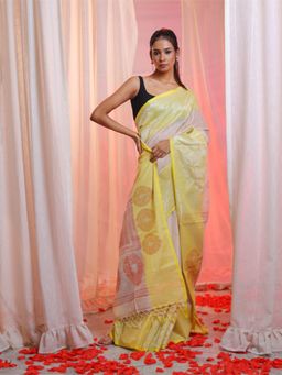 CHARUKRITI - Beige Cotton Blend Handwoven Zari Woven Designs Saree with Unstitched Blouse