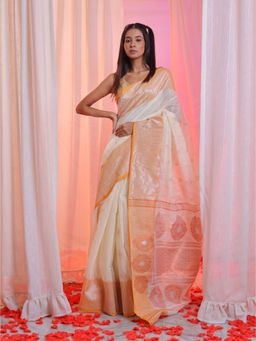CHARUKRITI - Off White Cotton Blend Handwoven Zari Woven Designs Saree with Unstitched Blouse