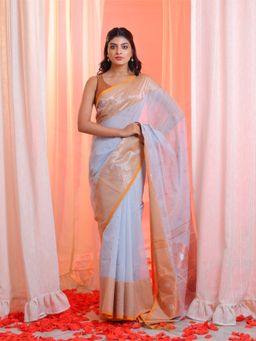 CHARUKRITI - Grey Cotton Blend Handwoven Zari Woven Designs Saree with Unstitched Blouse