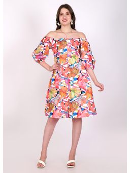 Seona Couture - Magic Linnen Autumn Bloom Off Shoulder Dress - Multi-Color