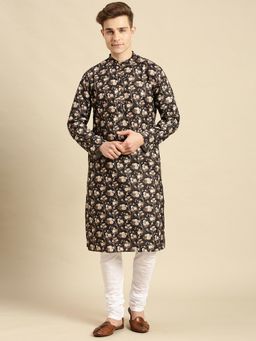 Sanwara - Men Cotton Floral Printed Black Color Kurta with Churidar (Set of 2)