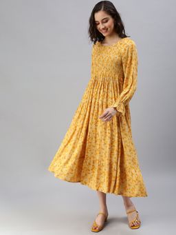 SHOWOFF - Women's Midi Floral Yellow Round Neck Fit And Flare Dress