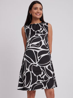 FableStreet - Satin Floral A Line Dress - Black And White